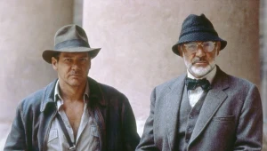 Harrison Ford i Sean Connery na planie filmu "Indiana Jones i ostatnia krucjata" (1989)