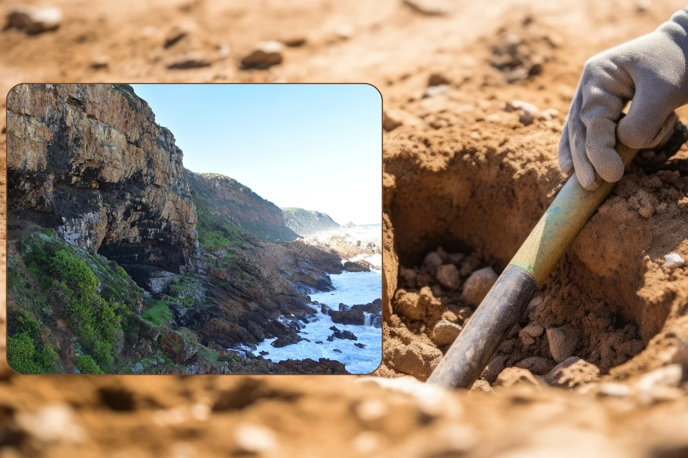 Archeolodzy odkryli w jaskini na wybrzeżu ślady po ludziach zasiedlających niegdyś zatopioną dziś krainę. Zdj. ilustracyjne. Ręka w rękawiczce trzymająca narzędzie do kopania w brązowej ziemi na pierwszym planie, w lewym górnym rogu wstawka ze zdjęciem skalistego wybrzeża porośniętego zielenią, z oceanem rozbijającym się o skały.