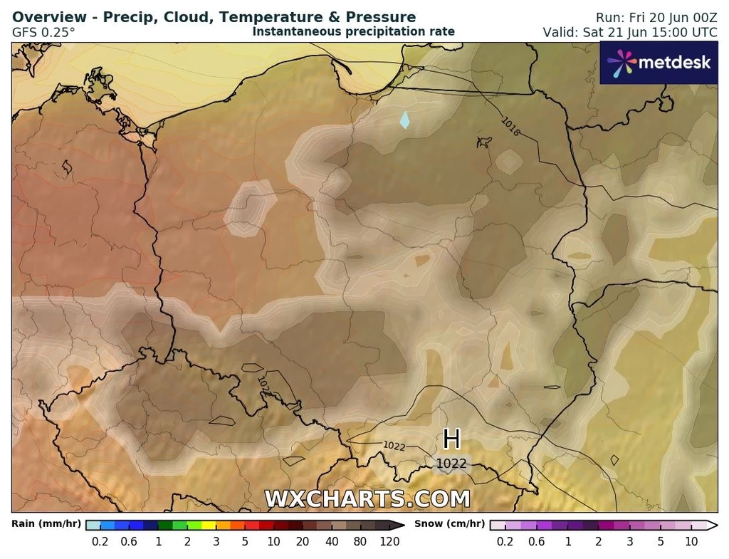 W sobotę poczujemy ocieplenie, jednak na upał trzeba będzie poczekać do niedzieli Prognoza pogody dla Polski i okolic, widoczny rozkład opadów atmosferycznych, zachmurzenia, temperatury oraz ciśnienia. Centralną część zaznacza obszar wysokiego ciśnienia ze słabymi opadami i chmurami, mapa kolorystyczna wskazuje ilość deszczu w milim...