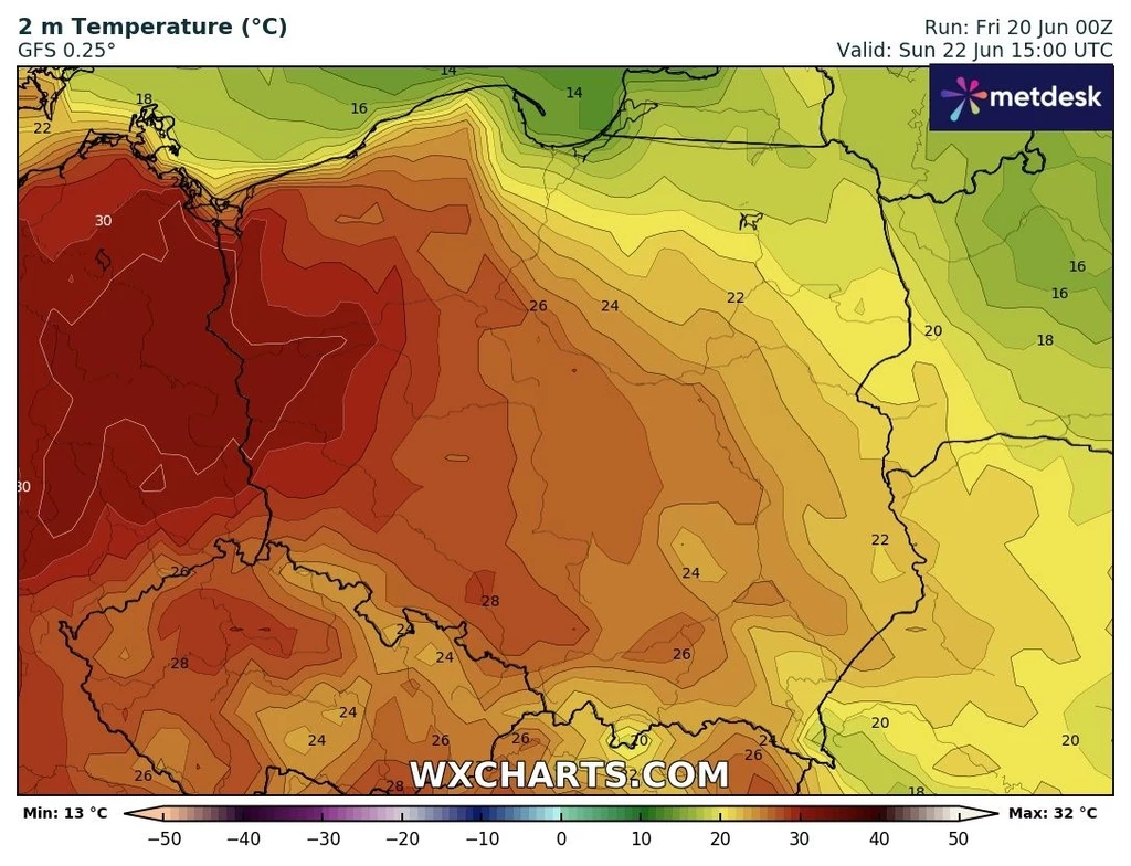 Pod koniec weekendu na zachodzie kraju temperatury wyraźnie przekroczą barierę 30 stopni Celsjusza Kolorowa mapa temperatur dla Polski i okolicznych państw z wyraźnym podziałem temperatur powietrza; w zachodniej części kraju i na południu dominują wysokie temperatury powyżej 28°C, wschodnia część chłodniejsza poniżej 22°C, zastosowano gradient żółto...