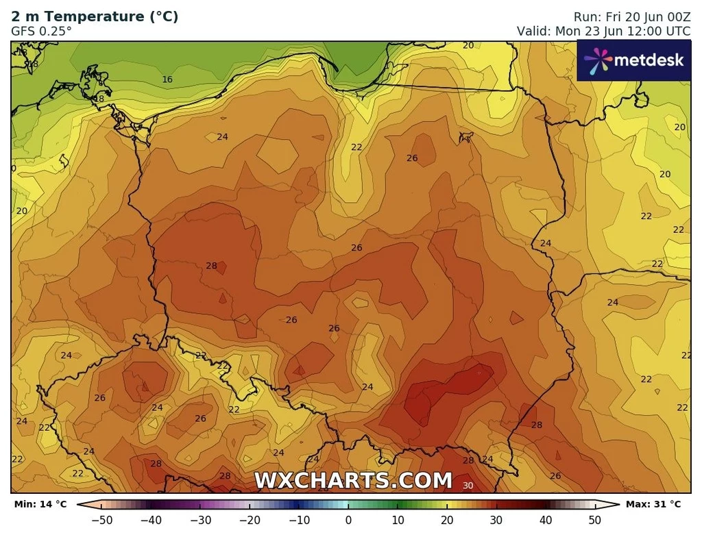 Mapa Polski z prognozowanymi temperaturami powietrza na wysokości 2 metrów, wartości wahają się od 14°C na północnym zachodzie do 31°C na południowym wschodzie kraju, kolory od żółtego po ciemnoczerwony obrazują stopniowanie temperatur.