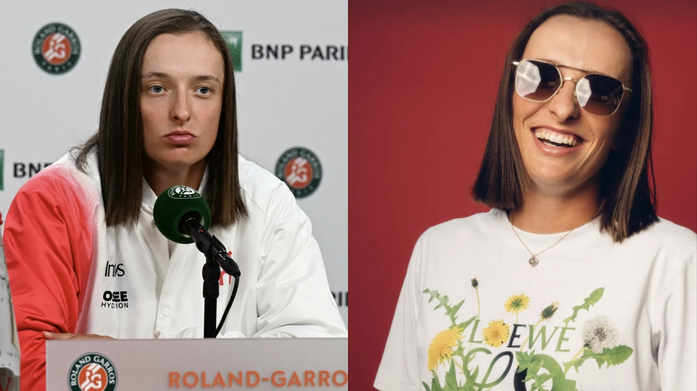 Po lewej: Iga Świątek podczas turnieju Rolanda Garrosa. Po prawej: Iga Świątek teraz Po lewej: Iga Świątek podczas turnieju Rolanda Garrosa. Po prawej: Iga Świątek teraz