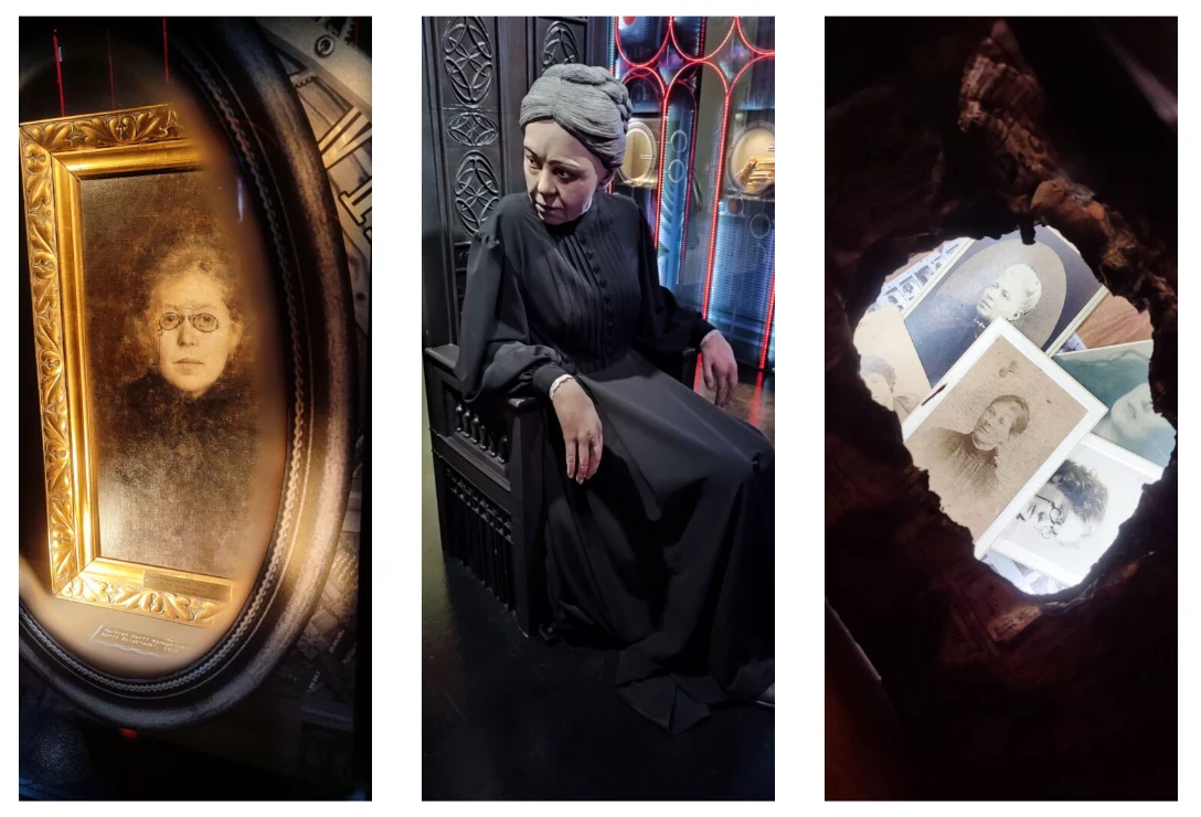 Portret kobiety w starej ramie, postać kobiety w ciemnym stroju i turbanie siedząca na tronie przy gotyckim oknie, zestaw czarno-białych fotografii twarzy położonych na starych dokumentach.