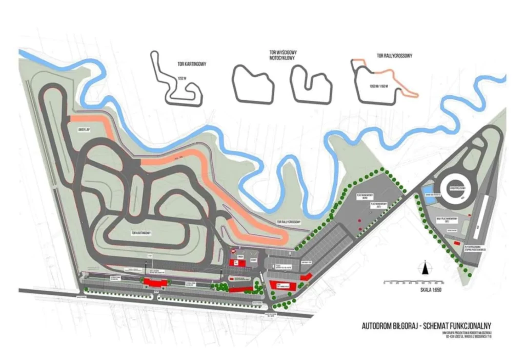 Nitkę toru można konfigurować na różne sposoby. W kalendarzu Autodromu Biłgoraj pojawiły się już daty pierwszych zawodów. Funkcjonalny schemat toru wyścigowego z zaznaczonymi trasami o różnych długościach, obszarami technicznymi, budynkami oraz elementami infrastruktury, takimi jak drogi dojazdowe i strefy zielone.