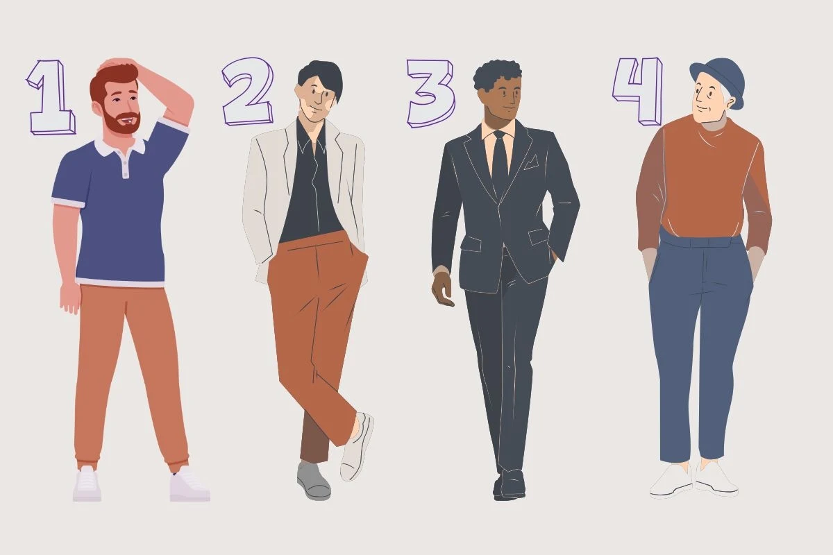 Z którym mężczyzną zdecydowałabyś się pójść na randkę? Cztery postacie męskie ubrane w różne stylizacje, każda oznaczona liczbą od 1 do 4, prezentująca różnorodność mody męskiej od swobodnego stroju po elegancki garnitur.