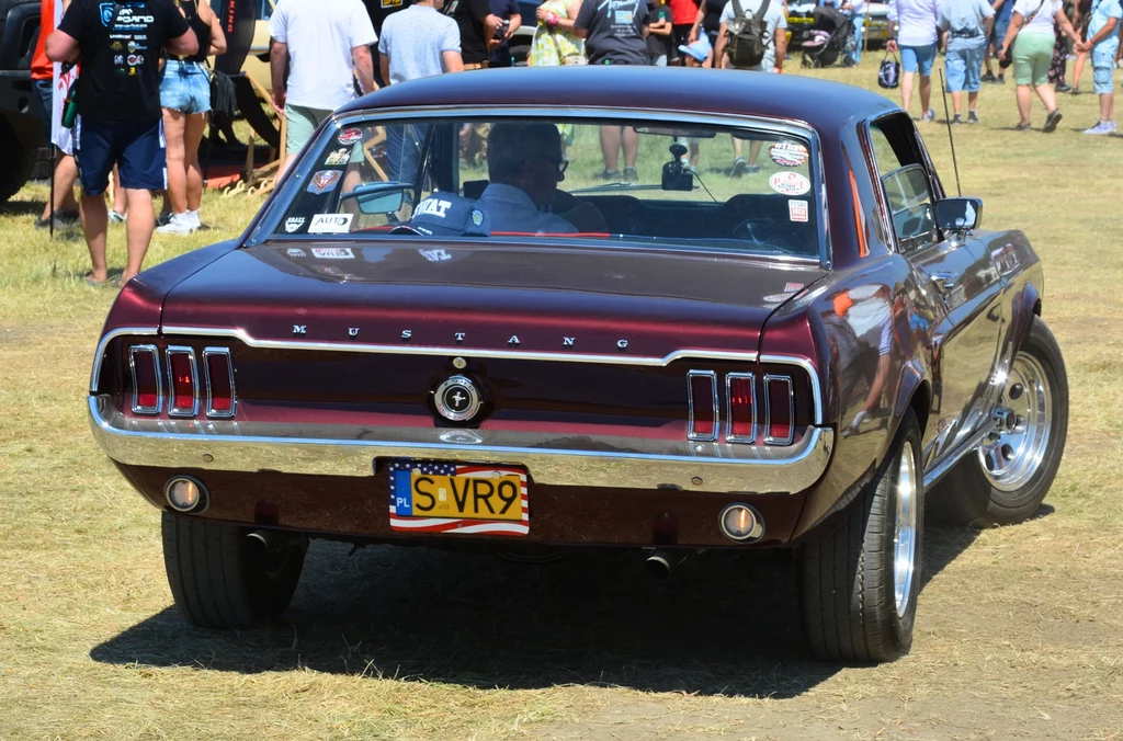 Bordowy klasyczny Ford Mustang z lat 60. zaparkowany na trawniku podczas zlotu samochodowego, w tle grupa ludzi oglądających pojazd.