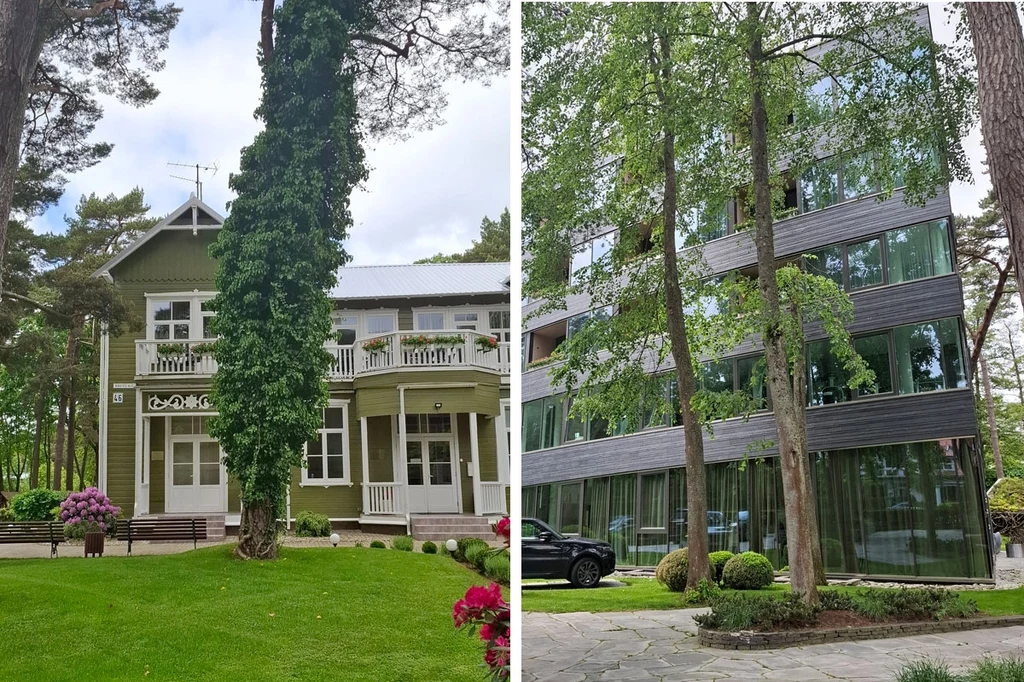 Nowoczesne hotele i wille przywołujące klimat uzdrowiska sprzed lat Porównanie dwóch budynków – z lewej strony tradycyjna, drewniana willa z białymi okiennicami i balkonem, otoczona zielenią i kwiatami, z prawej nowoczesny, przeszklony budynek biurowy w otoczeniu drzew i zadbanej roślinności.