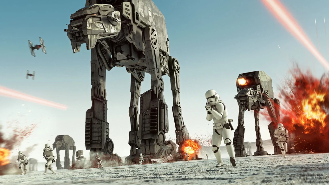 Star Wars: Battlefront 2 Oddziały szturmowców maszerujące przez ośnieżony krajobraz w towarzystwie gigantycznych maszyn kroczących AT-AT oraz eksplozji i pojazdów latających, dynamiczna scena bitwy futurystycznej.