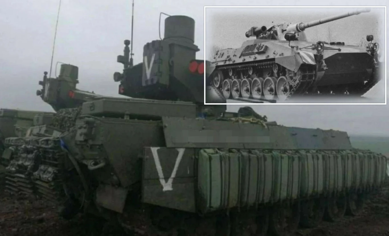 Zdaniem ukraińskiego historyka wojskowości, rosyjski "Terminator" to kopia niemieckiego projektu Begleitpanzer 57 z lat 70. Czołg z oznaczeniem taktycznym V widoczny na polu, z tyłu inne pojazdy wojskowe, w rogu zdjęcia czarno-biała fotografia czołgu z wysuniętą lufą.