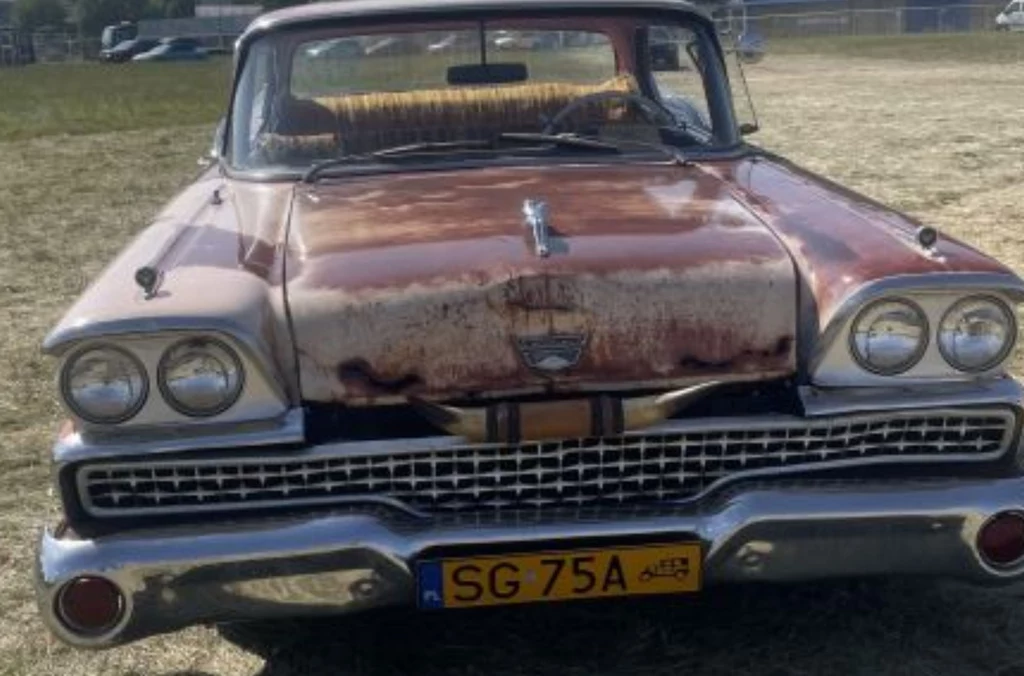 Klasyczny samochód z widocznymi oznakami rdzy i zniszczeń na masce oraz przodzie, żółta tablica rejestracyjna z czarnymi znakami, pojazd stoi na otwartym terenie pokrytym suchą trawą.