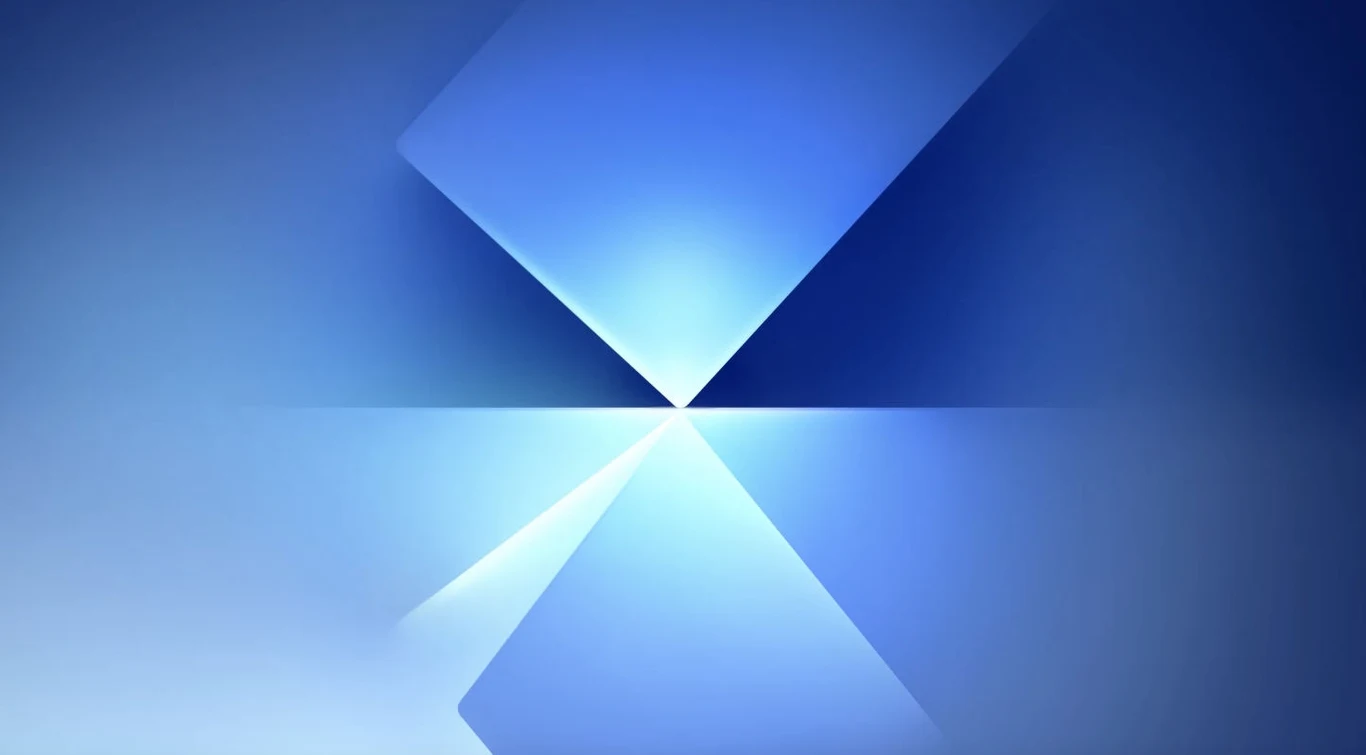 Galaxy Unpacked. Gdzie oglądać konferencję z nowościami firmy Samsung? Geometryczny wzór złożony z ostrych, przenikających się kształtów w odcieniach niebieskiego i białego, z centralnie ustawionym punktem jasności, tworząc wrażenie głębi i trójwymiarowości.