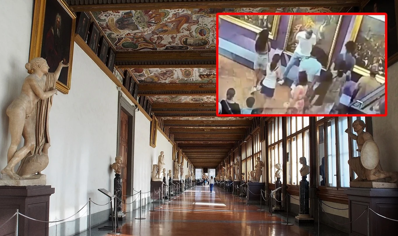Galeria Uffizi we Florencji. Turysta zniszczył dzieło sztuki z XVII wieku Długi korytarz muzeum udekorowany rzeźbami i obrazami w ozdobnych ramach, na pierwszym planie po lewej stronie znajdują się klasyczne posągi, a w rogu zdjęcia widoczny jest powiększony fragment z monitoringu ukazujący grupę osób zgromadzonych wokół inc...