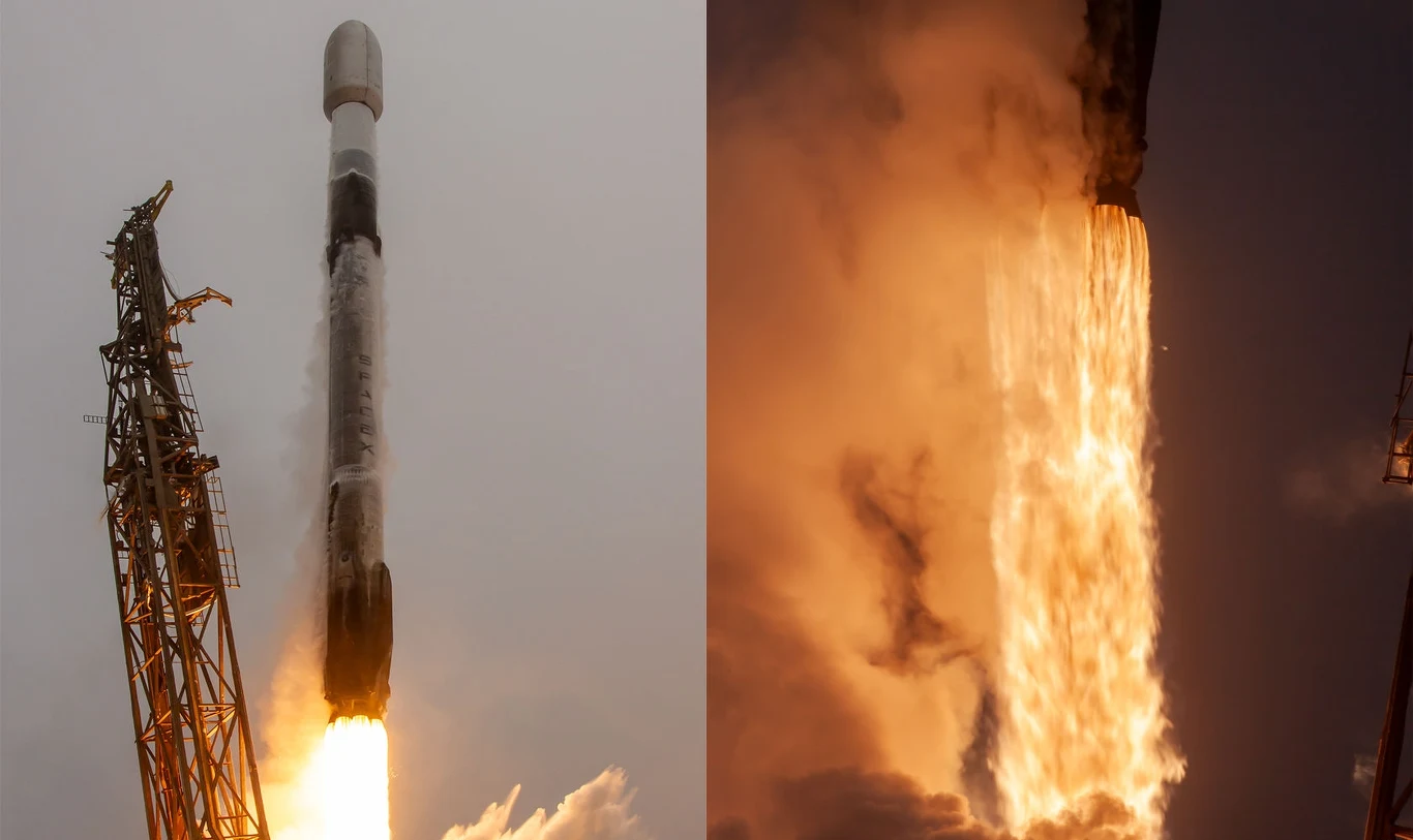 SpaceX wysłało w kosmos nietypowy komputer. Pierwszy taki na świecie. Start rakiety Falcon 9 z widowiskowymi płomieniami silników, widoczny jest maszt startowy oraz intensywny ogień wydobywający się z dysz w trakcie odpalania.