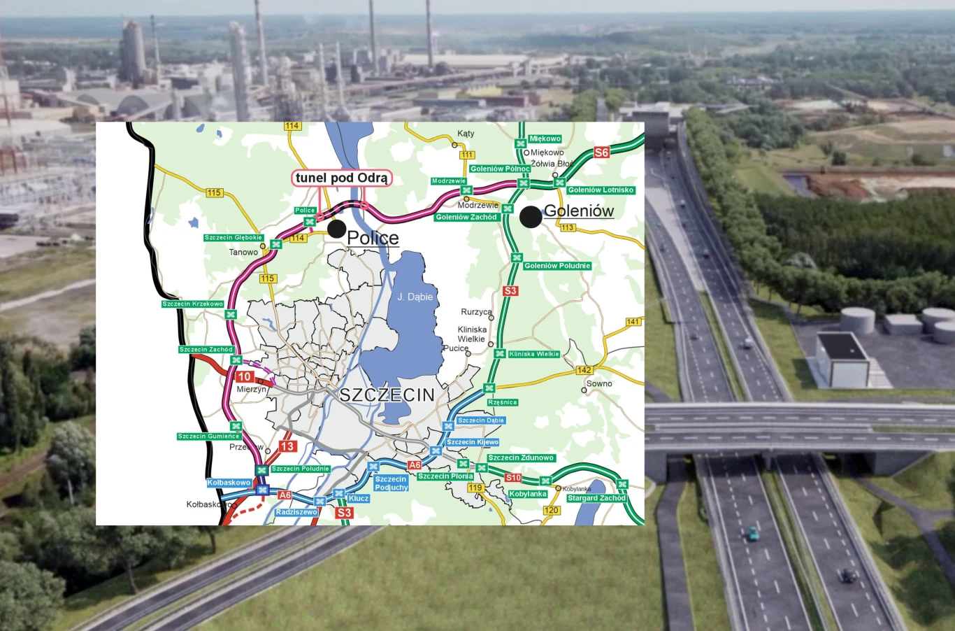 Odcinek Police - Goleniów będzie miał długość 23,4 km, w tym aż 5 km będzie stanowił tunel drogowy pod Odrą. Mapa obejmuje infrastrukturę drogową wokół Szczecina, z zaznaczonym tunelem pod Odrą oraz trasami w kierunku Polic i Goleniowa, na tle wizualizacji nowoczesnej autostrady z mostem oraz roślinnością i przemysłem w oddali.