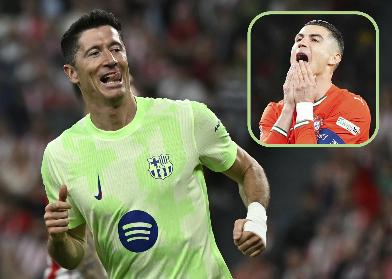Na zdjęciu Robert Lewandowski w barwach FC Barcelona oraz Cristiano Ronaldo podczas meczu reprezentacji Portugalii Na zdjęciu Robert Lewandowski w barwach FC Barcelona oraz Cristiano Ronaldo podczas meczu reprezentacji Portugalii