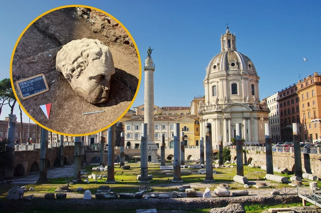 Forum Trajana w Rzymie. Archeolodzy odkryli tu olbrzymią głowę z marmuru. Mogła przedstawiać Dionizosa Forum Trajana w Rzymie. Archeolodzy odkryli tu olbrzymią głowę z marmuru. Mogła przedstawiać Dionizosa