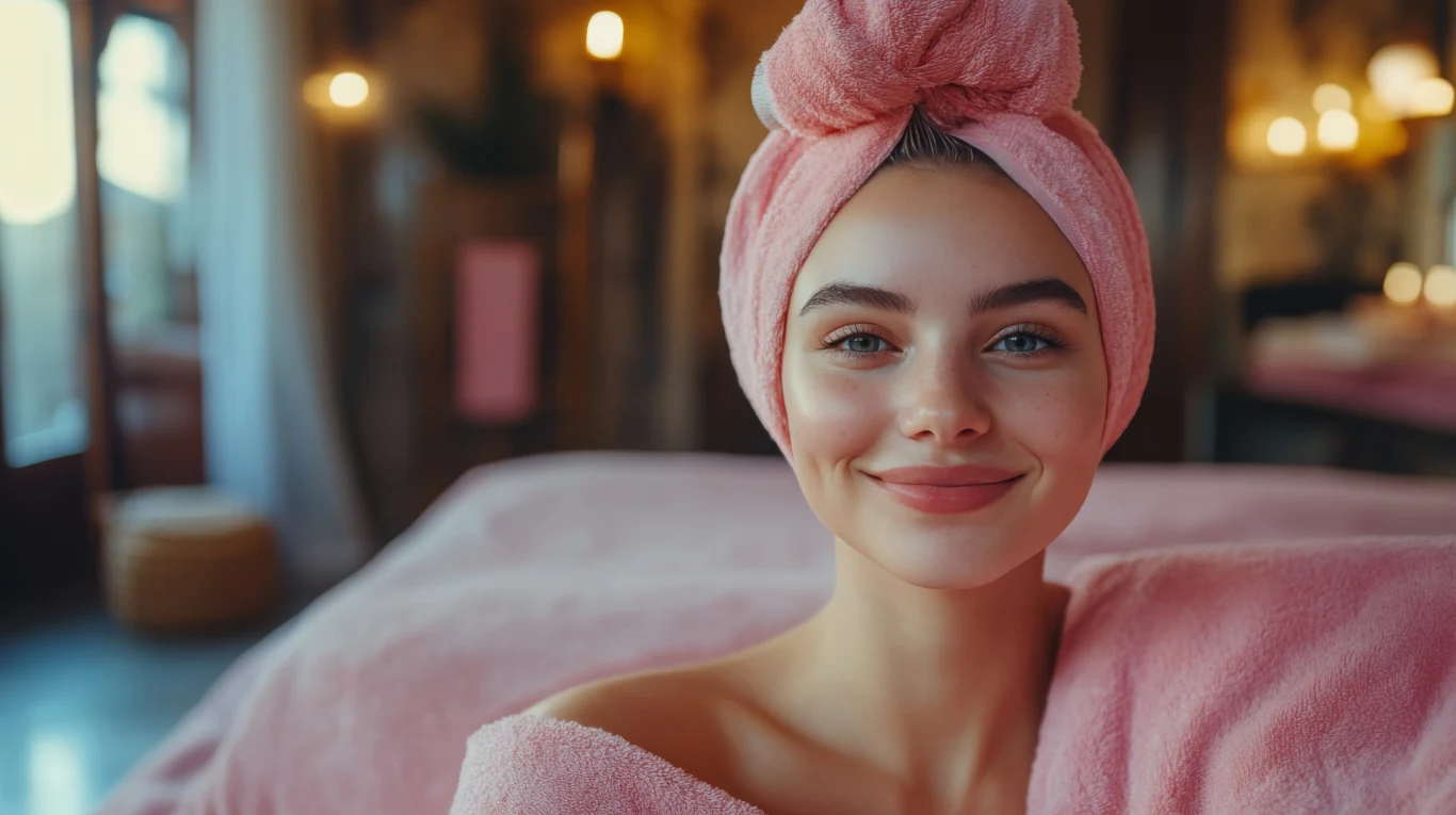 Uśmiechnięta kobieta z ręcznikiem owiniętym wokół głowy i ramion, siedząca w relaksującym, przytulnym wnętrzu spa, w tle rozmyte światła i łóżko do masażu.