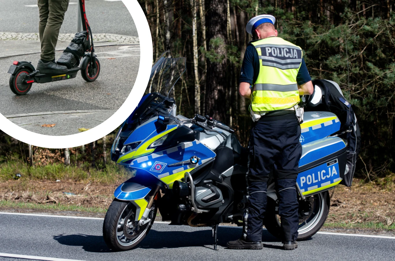 Kraków stawia na bezpieczeństwo i porządek. Dzięki nowemu sprzętowi policja będzie mogła skutecznie i natychmiast weryfikować podejrzane jednoślady. Policjant w odblaskowej kamizelce kontroluje dokumenty przy motocyklu policyjnym zaparkowanym na poboczu lasu, w okienku widoczna hulajnoga elektryczna prowadzona przez osobę po chodniku.