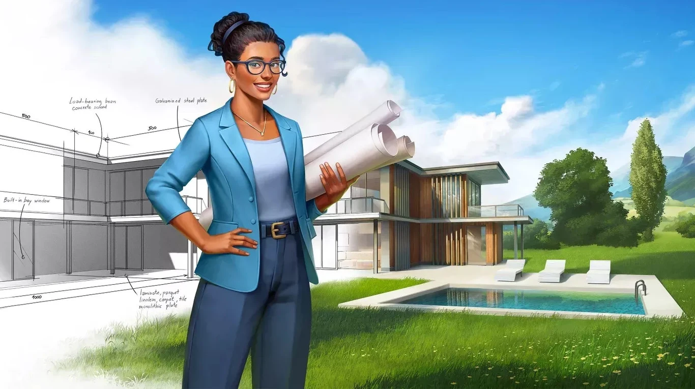 Architect Life: A House Design Simulator Uśmiechnięta kobieta w okularach, ubrana w niebieską marynarkę i spodnie, trzyma w rękach zwinięte plany architektoniczne, w tle nowoczesny dom z dużymi oknami oraz ogród z basenem, po lewej stronie fragment szkicu technicznego budynku.