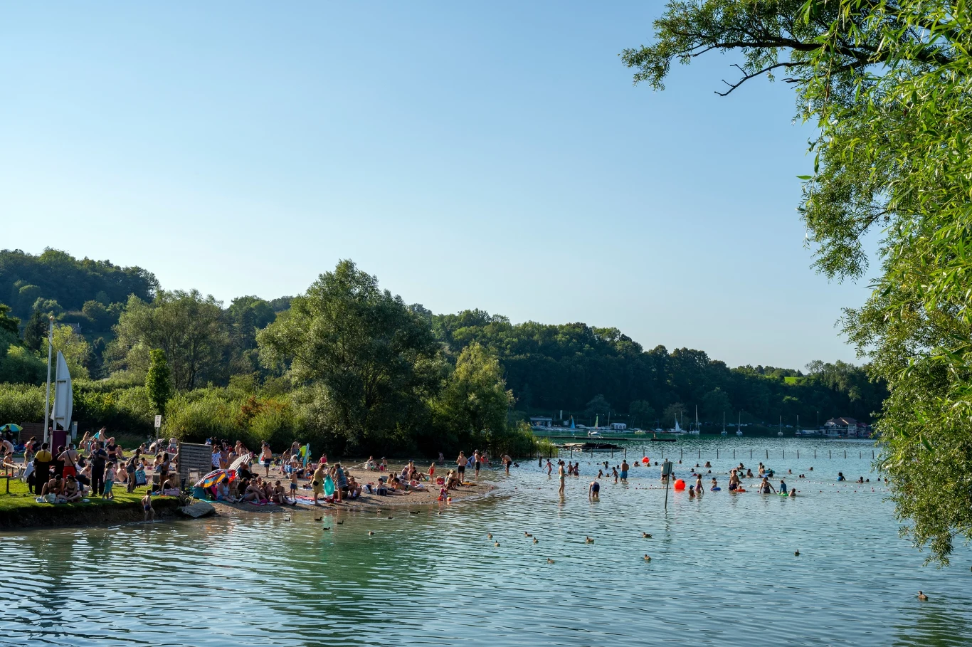 Będąc na kąpielisku należy przestrzegać kilku zasad. Niektóre z nich mogą uratować życie Tłum ludzi wypoczywa na plaży nad jeziorem, niektórzy kąpią się w wodzie, inni siedzą na brzegu lub spacerują, w tle widać drzewa oraz łagodnie wznoszący się zielony pagórek, całość rozświetlona letnim słońcem.