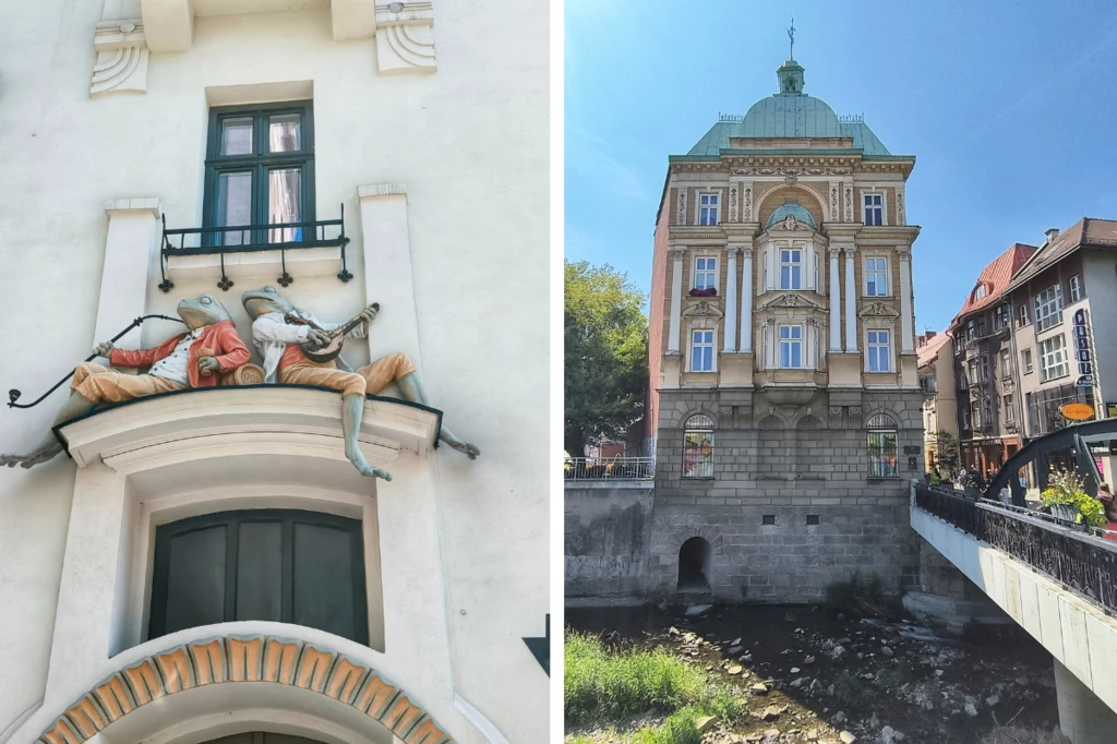 Lewy fragment zdjęcia ukazuje rzeźbę dwóch żołnierzy z muszkietami nad oknem na białej ścianie budynku, prawy fragment przedstawia okazały budynek z zielonym dachem i zdobioną fasadą, stojący przy korycie rzeki na tle niebieskiego nieba.