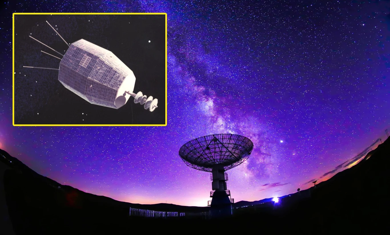 Satelita Relay 2 nie działał od 57 lat. Nagle wysłał tajemniczy sygnał na Ziemię. Trwał ułamek sekundy i zamilkł Radioteleskop skierowany ku rozgwieżdżonemu niebu z Drogą Mleczną oraz schematyczny obraz satelity w prawym górnym rogu.