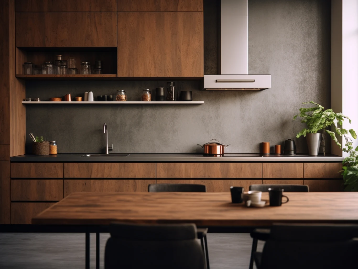 Nowoczesna kuchnia utrzymana w drewnianej stylistyce z matowymi szafkami, czarnym blatem i minimalistycznym wyposażeniem; na blacie stoją doniczka z zieloną rośliną, garnki, filiżanki oraz szklane pojemniki na półkach.