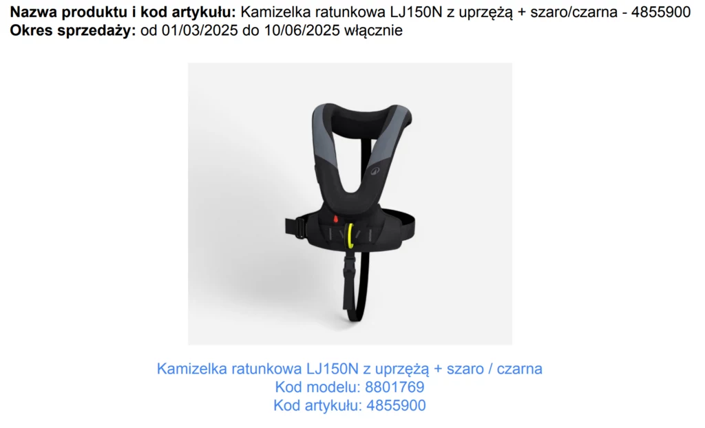 Nie używaj takiej kamizelki ratunkowej - apeluje sieć sklepów Decathlon Kamizelka ratunkowa w kolorze szaro-czarnym wyposażona w uprząż, prezentowana na białym tle, posiada elementy ochronne i regulowane paski.