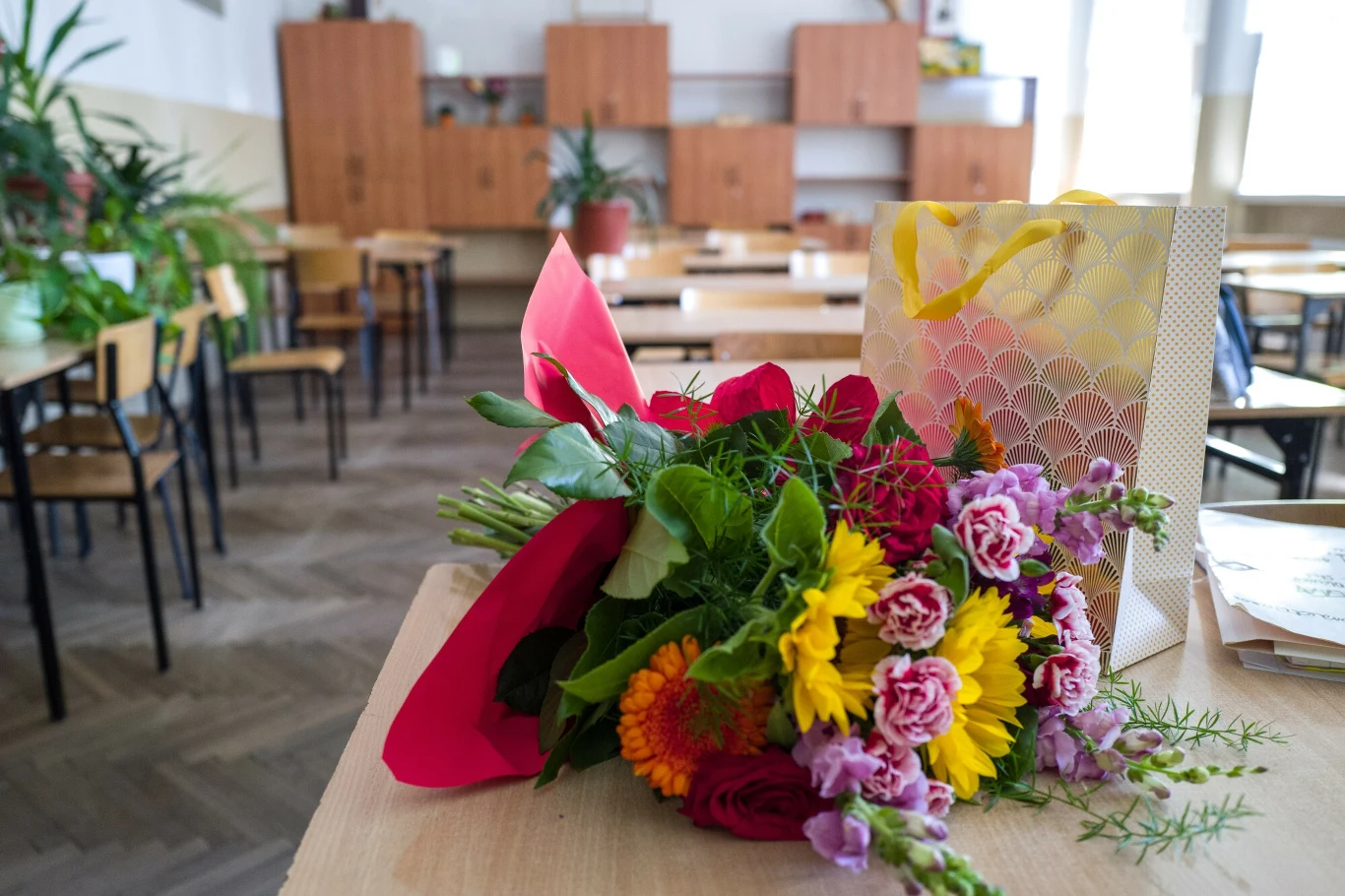 Według CBA nie każdy prezent na zakończenie roku szkolnego to łapówka Bukiet kolorowych kwiatów i ozdobna torba upominkowa leżące na biurku w pustej klasie szkolnej z ustawionymi w rzędach krzesłami i zielonymi roślinami na tle szafek.