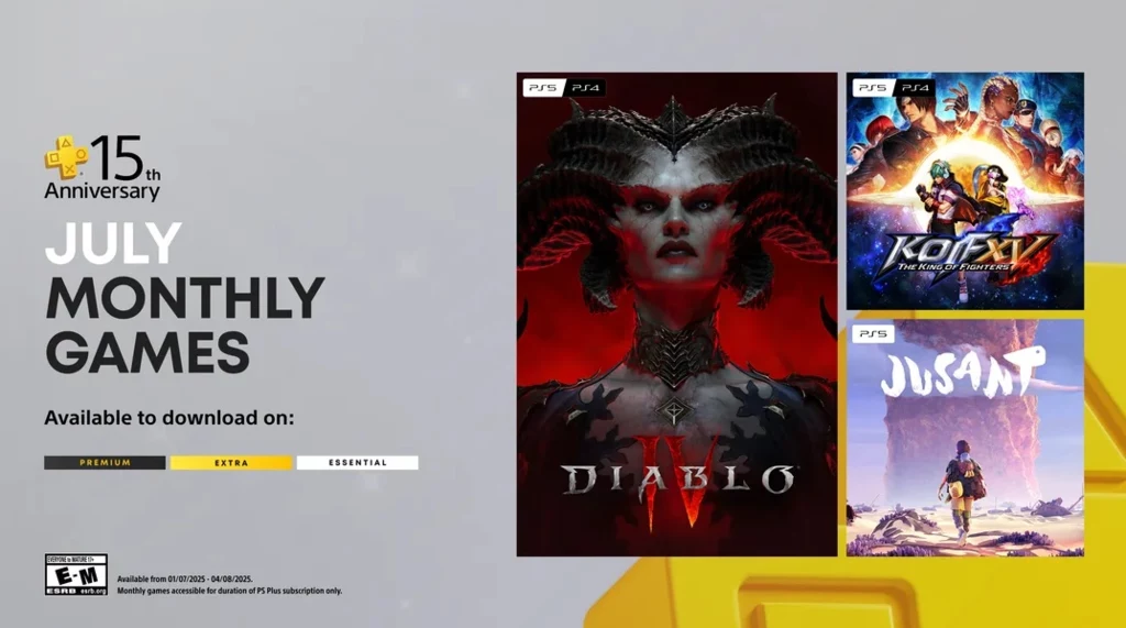 PS Plus w lipcu 2025 roku Trzy okładki gier wideo z PlayStation Plus wyeksponowane po prawej stronie, w tym Diablo IV z wizerunkiem demonicznej kobiety, The King of Fighters XV z dynamiczną sceną walki oraz Jusant z postacią wspinającą się po skałach; po lewej stronie informacj...