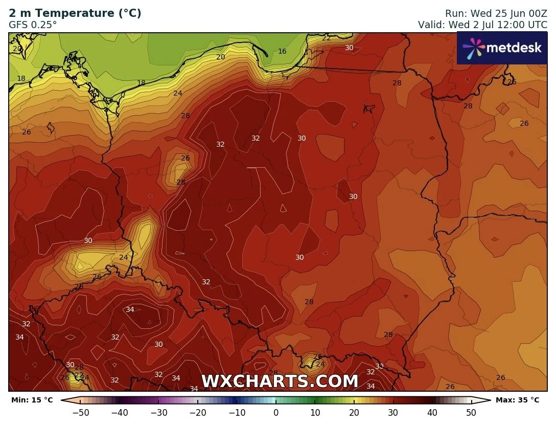 Prognoza temperatury powietrza obejmująca całą Polskę wskazująca wysokie wartości, szczególnie w centrum i na południu kraju, gdzie temperatura sięga 34°C, z wyraźnym gradientem cieplnym od zachodu na wschód.