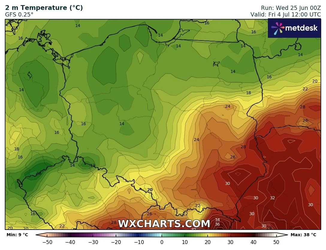 Mapa Polski z podziałem na zakresy temperatur w stopniach Celsjusza, pokazująca wyraźny podział termiczny: od chłodniejszych rejonów na północnym zachodzie do bardzo ciepłych i upalnych obszarów na południowym wschodzie, gdzie wartości temperatury prze...