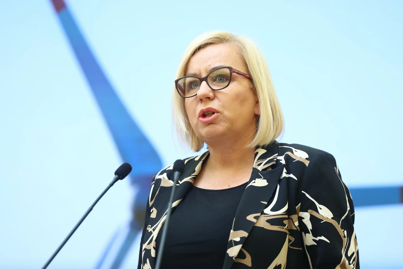Do ustawy wiatrakowej w ostatniej chwili dołączono zapisy o cenach energii Kobieta w okularach i żakiecie z wzorem przemawia do mikrofonu na tle rozmazanej sylwetki turbiny wiatrowej.