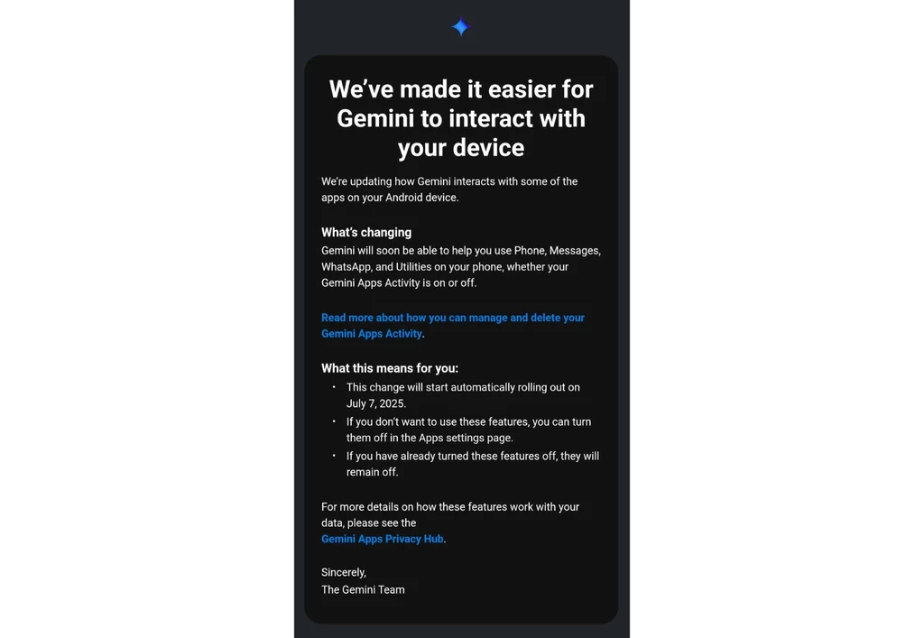 Google Gemini uzyska dostęp do twoich aplikacji na Androidzie. Firma wysłała użytkownikom powiadomienie Ekran powiadomienia na urządzeniu mobilnym z informacją o ułatwieniach dotyczących interakcji asystenta Gemini z urządzeniem użytkownika oraz zmianach w aplikacji, wyświetlający szczegóły aktualizacji i wpływu na korzystanie z niektórych funkcji.