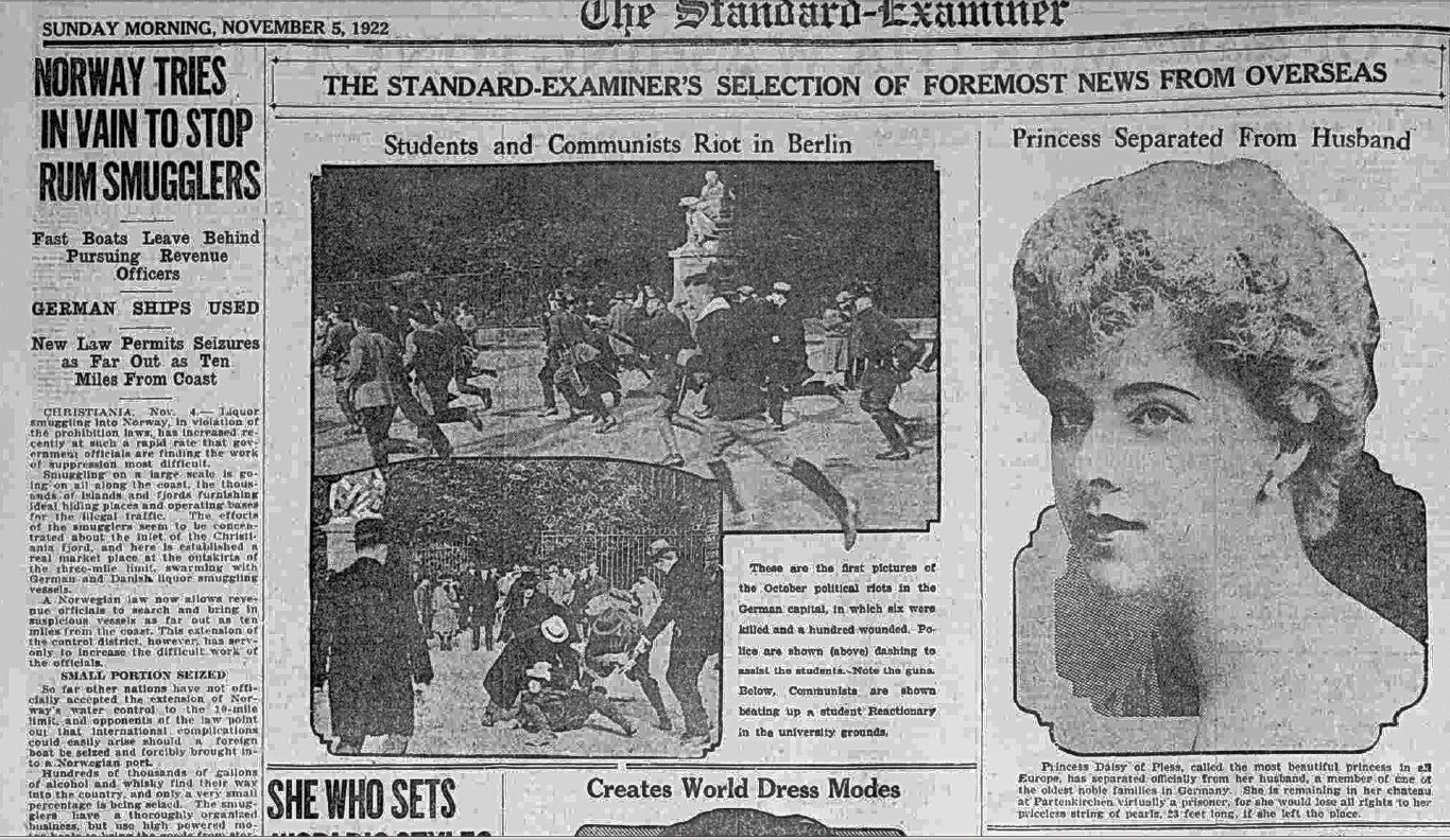 Amerykańska gazeta poranna "The Standard Examiner" 5 listopada 1922 donosi o separacji księżnej Daisy i jej męża Jana Henryka XV von Hochberg (CC BY-SA 4.0)