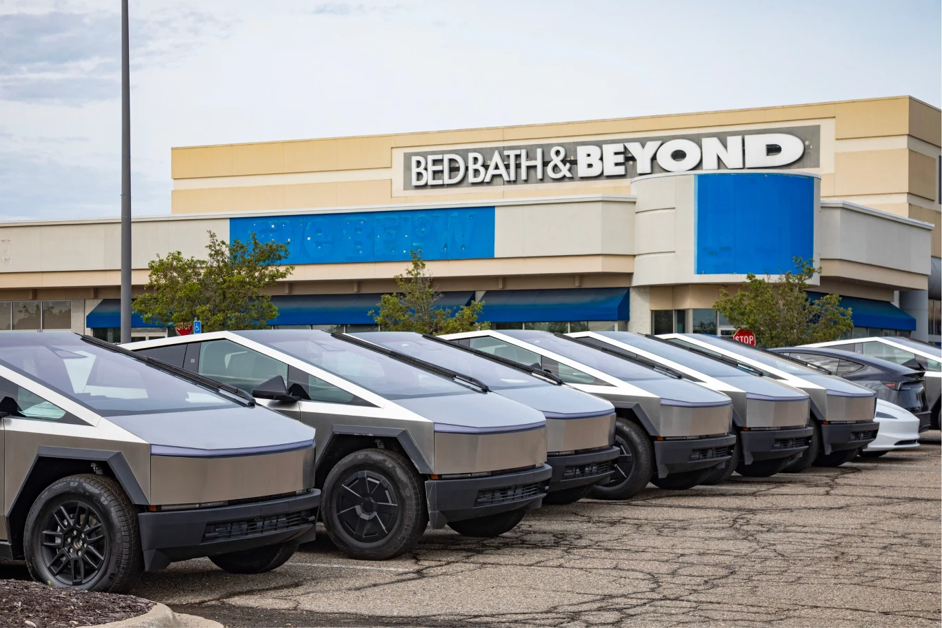 Rząd samochodów Tesla Cybertruck zaparkowanych na parkingu przed sklepem Bed Bath & Beyond, w tle widoczny charakterystyczny szyld sklepu.