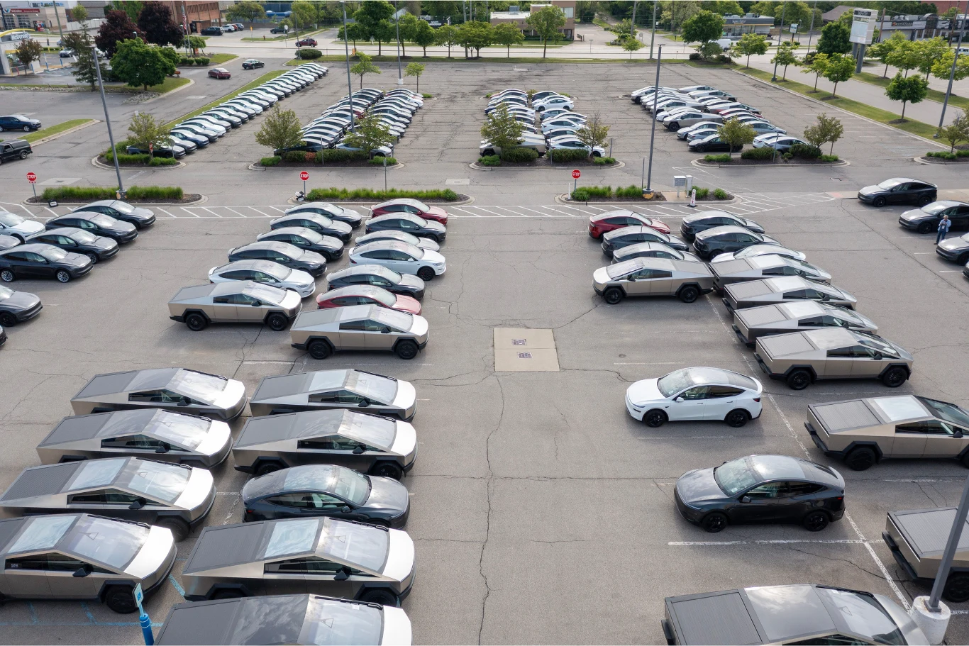 Duży parking zapełniony identycznymi, futurystycznymi samochodami elektrycznymi Tesla Cybertruck, zaparkowanymi w równych rzędach, na tle niewielkiej liczby zieleni i pustych miejsc w tle.