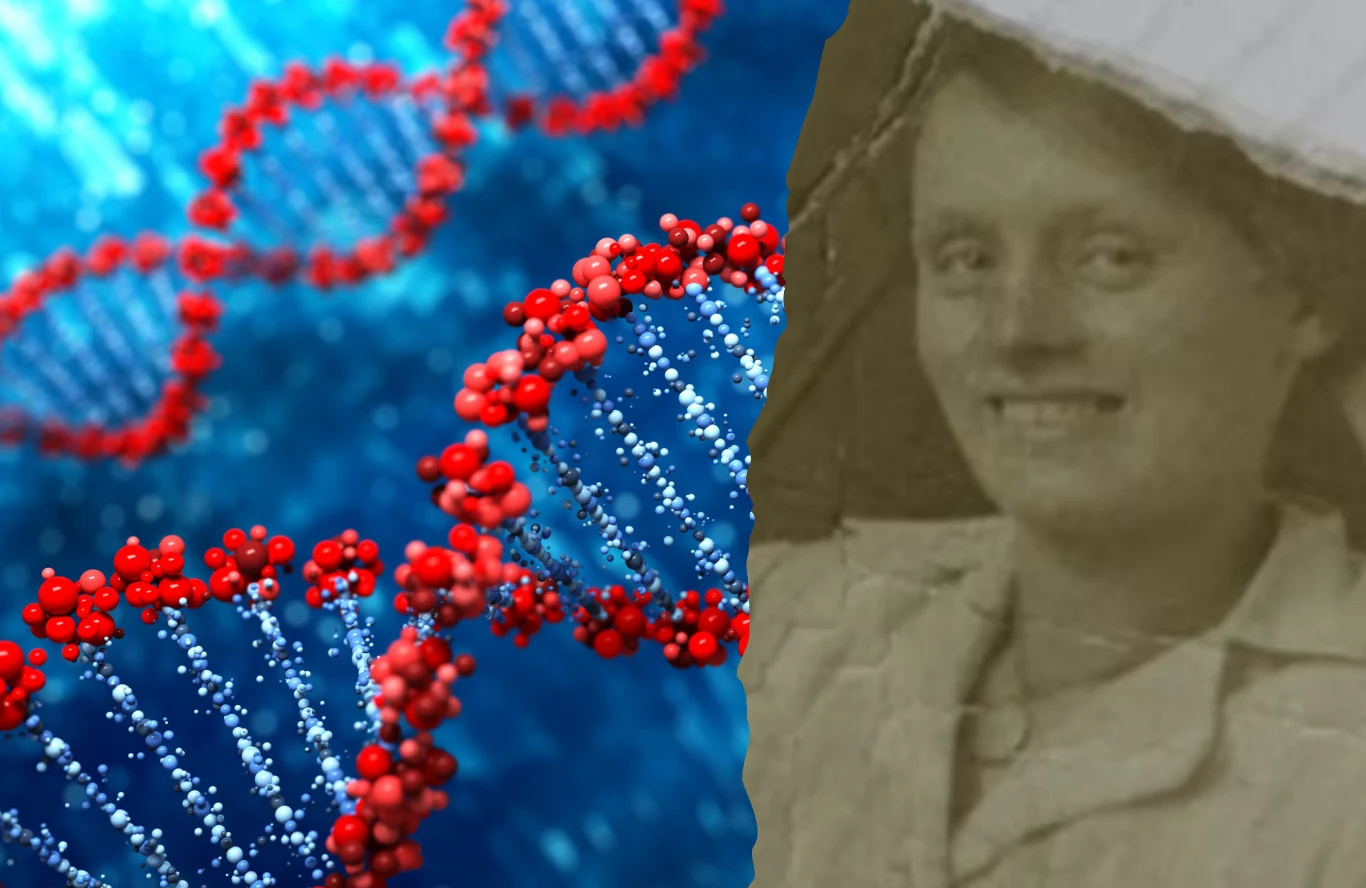 Zaawansowane badania DNA wskazały na możliwego sprawcę brutalnego morderstwa pani Dunne. Zdj. ilustracyjne. Po lewej stronie trójwymiarowe modele nici DNA w kolorze czerwonym i niebieskim na tle imitującym mikroskopijne środowisko, po prawej stronie archiwalne czarno-białe zdjęcie kobiety w starej odzieży, z uśmiechem na twarzy.