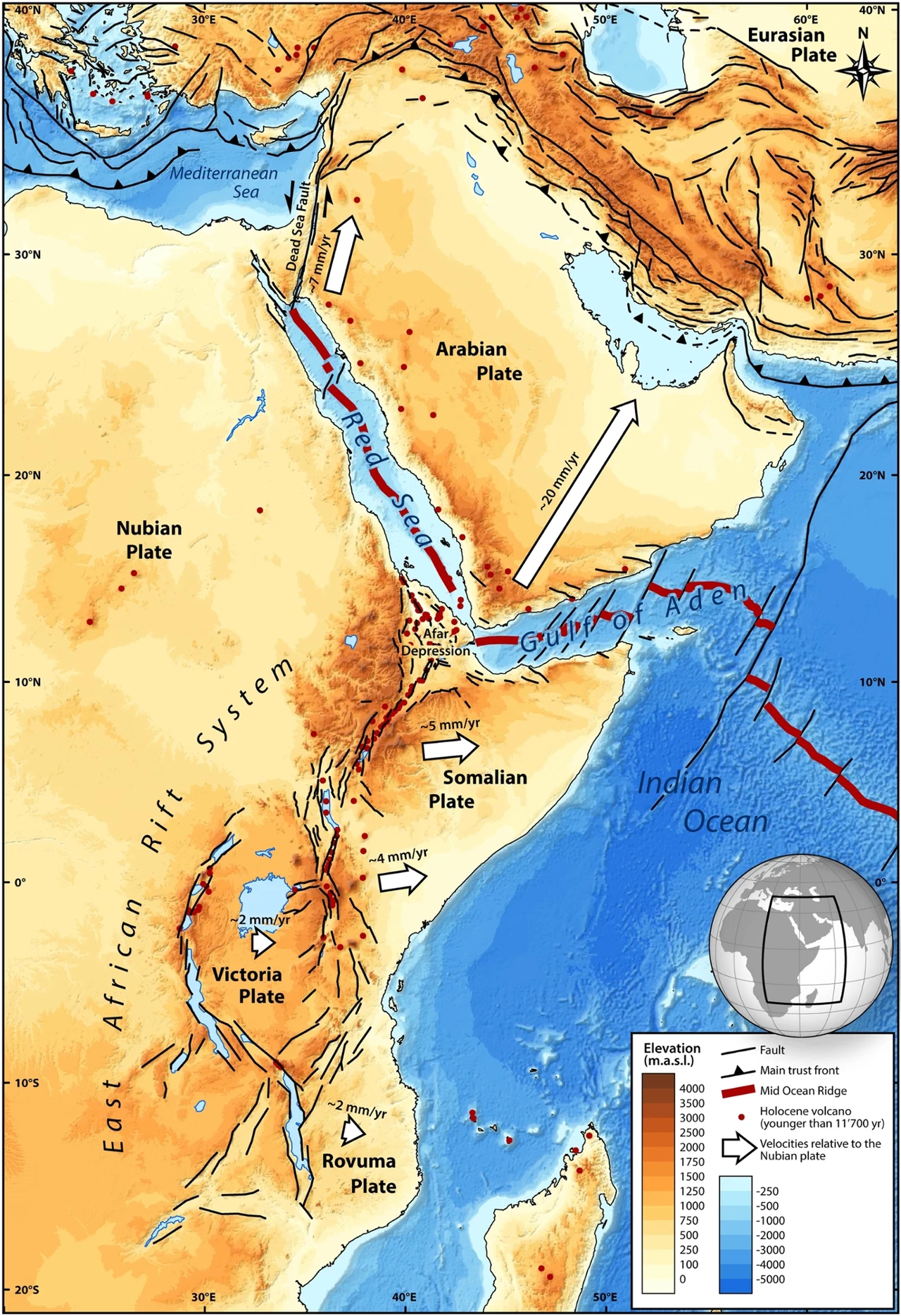 Mapa tektoniczna systemu ryftowego Afar. Mapa systemu ryftowego Afryki Wschodniej z oznaczeniem głównych płyt tektonicznych: nubijskiej, somalijskiej, arabskiej, eurazjatyckiej, ruzumijskiej i wiktoriańskiej, linie uskoków, strefy ryftowe oraz wyniesienia terenu ilustrowane barwnie.