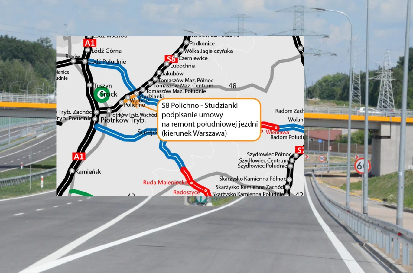 Generalna Dyrekcja Dróg Krajowych i Autostrad zleciła remont drogi S8 w stronę Warszawy. Pusty odcinek drogi szybkiego ruchu z widocznym wiaduktem w tle, na pierwszym planie nałożona mapa z oznaczeniem remontowanego odcinka trasy S8 oraz informacją o podpisaniu umowy na remont jezdni południowej w kierunku Warszawy.