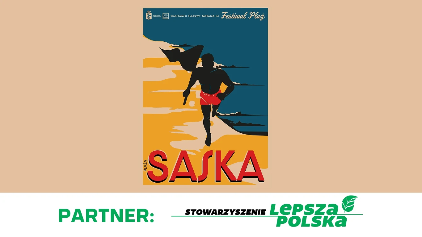 Grafika: Zarząd Zieleni m.st. Warszawy/ Dzielnia Wisła Człowiek biegnący po plaży, sylwetka podkreślona przez kontrastowe kolory piasku i morza, duży napis SASKA na dole plakatu, informacje o partnerze wydarzenia u dołu grafiki.
