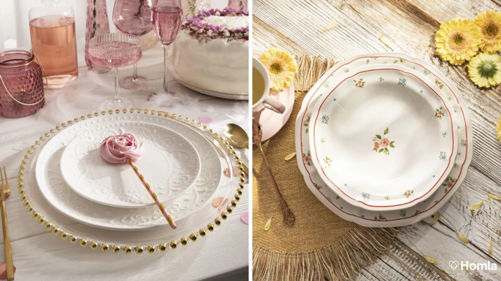 Porcelanowe talerze w dwóch różnych aranżacjach, z lewej strony ozdobiona złotymi koralikami zastawa z różowymi dekoracjami, kieliszkami i lizakiem na talerzu, z prawej delikatna, kwiatowa porcelana na słomianej podkładce i żółte kwiaty obok.