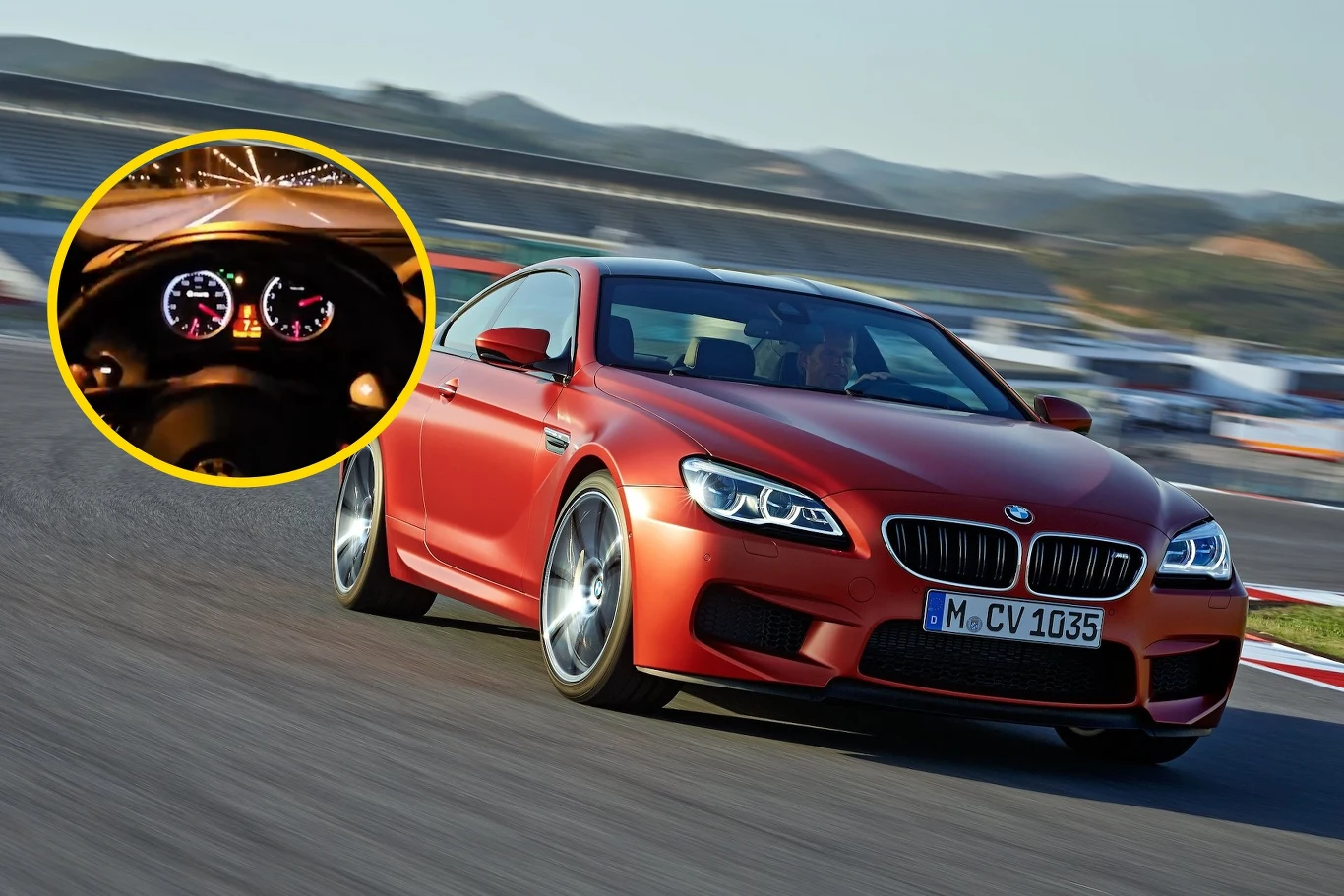 Mężczyzna kierujący BMW M6 z silnikiem V10 pędził trasą S79. Wskazówka licznika wskazywała 390 km/h. / Fot. X/Krengiel Czerwony sportowy samochód BMW M6 poruszający się dynamicznie po zakręcie toru wyścigowego, zbliżenie na licznik prędkości oraz obrotomierz na żółtym tle w lewym górnym rogu obrazu.