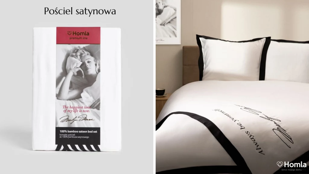 Satynowa pościel Homla z kolekcji premium to wybór dla wielbicieli elegancji i luksusu Komplet satynowej pościeli z motywem inspirowanym stylem vintage, białe tło z czarnymi akcentami i napisami, elegancko zaprezentowany na łóżku. Opakowanie pościeli ozdobione grafiką kobiety w stylu retro.