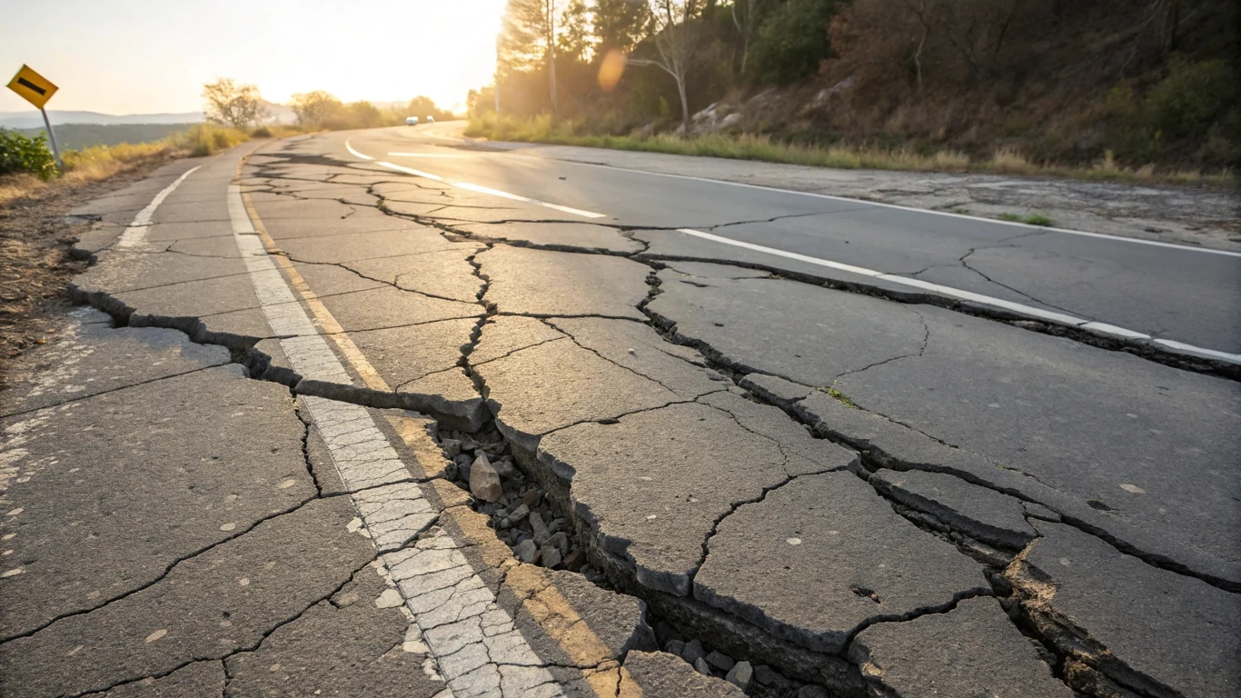 Popękane drogi na długo zostałyby na naszej planecie. Asfaltowa droga z licznymi pęknięciami i szczelinami powstałymi na skutek trzęsienia ziemi, otoczona drzewami i trawiastym poboczem, w tle widoczne światło słoneczne.
