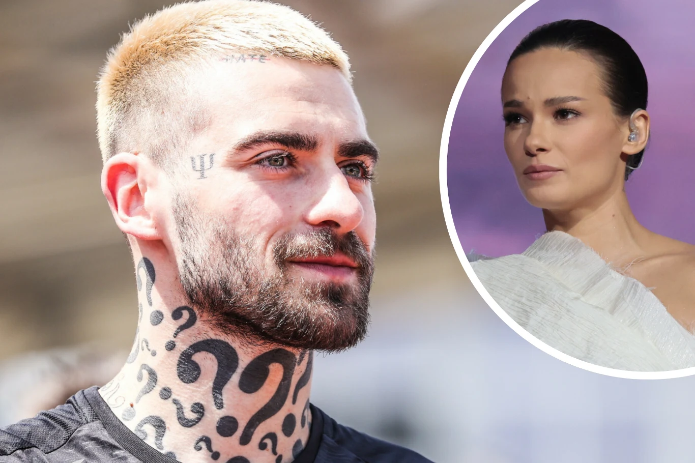 Quebo i Natalia Szroeder byli parą przez pięć lat Mężczyzna z blond włosami i tatuażami w kształcie znaków zapytania na szyi oraz symbolem przy skroni, w tle rozmyte otoczenie, w okrągłej ramce w prawym górnym rogu ujęcie kobiety o zaczesanych do tyłu włosach w eleganckim, jasnym stroju na fioletowym ...