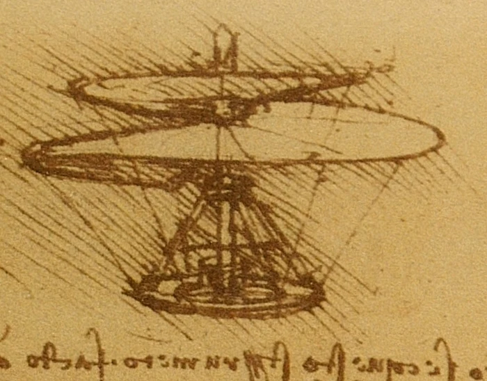 Śruba powietrzna Leonarda da Vinci. Tak geniusz widział "helikoptery" Szkic techniczny przedstawiający spiralny mechanizm przypominający śmigło, wykonany na pożółkłym papierze z widocznymi liniami pomocniczymi i fragmentem pisma odręcznego poniżej.