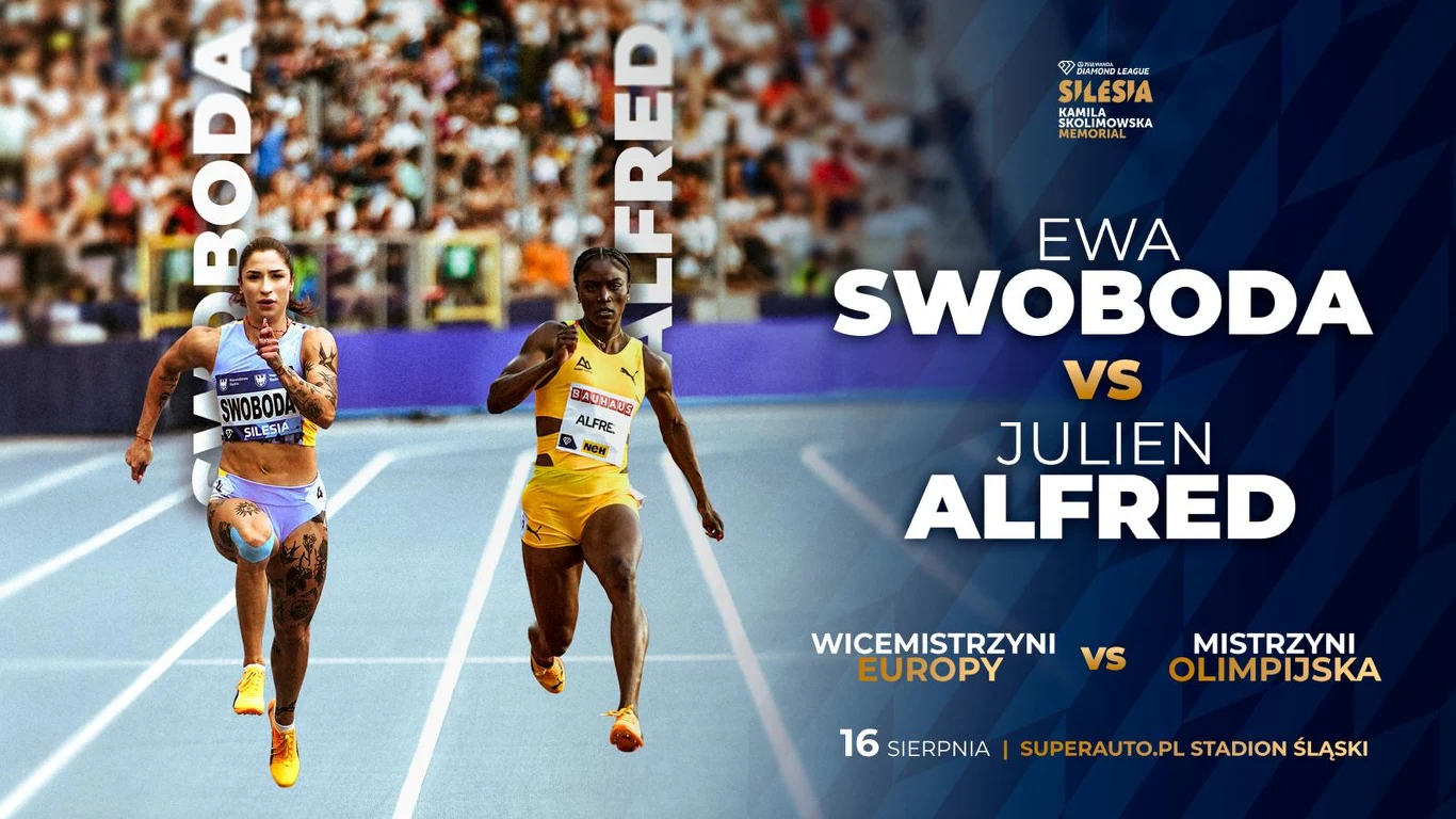 Dwie sprinterki biegną na bieżni podczas zawodów lekkoatletycznych, tłum widzów rozmyty w tle, po prawej stronie znajduje się część graficzna z informacjami o rywalizacji Ewy Swobody i Julien Alfred oraz szczegóły wydarzenia.