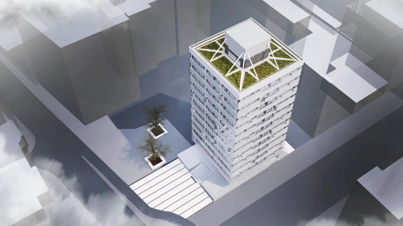 Przewidziano również windę obsługującą wszystkie piętra oraz zielony dach. Wysoki, nowoczesny budynek z zielonym dachem, otoczony zabudową miejską; przed wejściem dwa niewielkie drzewa w donicach, wyrazista biała fasada, geometryczny układ otoczenia.