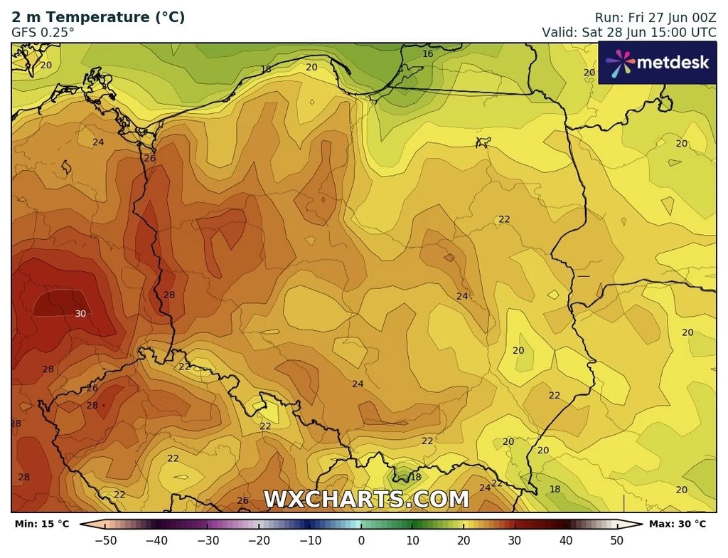 Sobota będzie przeważnie spokojna. Na zachodzie temperatury zbliżą się do progu upału Kolorowa mapa pogodowa Polski z naniesionymi wartościami temperatur, najwyższe temperatury przekraczające 30°C występują na południowym zachodzie kraju, a chłodniejsze obszary widoczne są na północnym wschodzie.